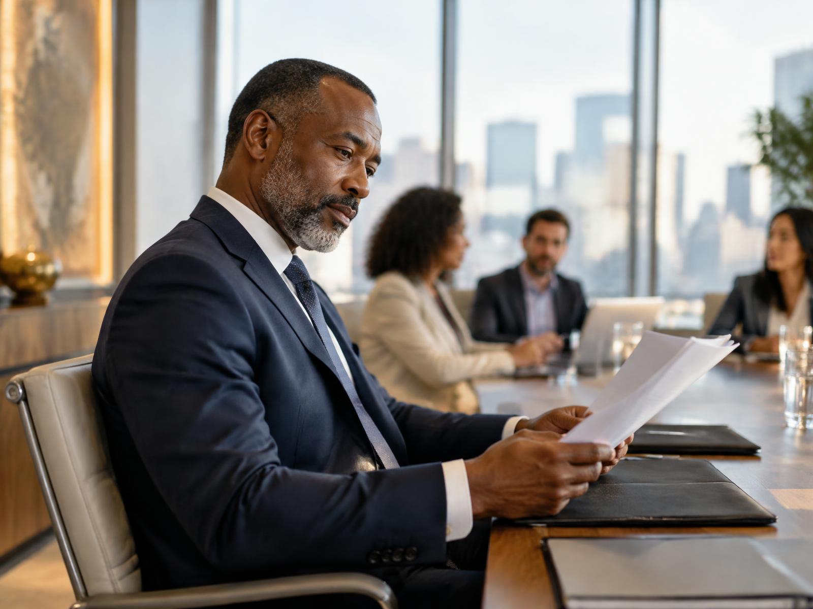 Business owner reviewing a proposal before an executive meeting
